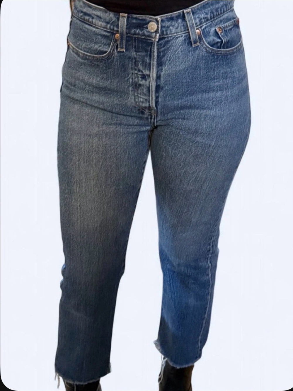 Levi's Wedgie Straight Medium Wash Blue Denim Jeans 30 Button Fly Raw Hem.